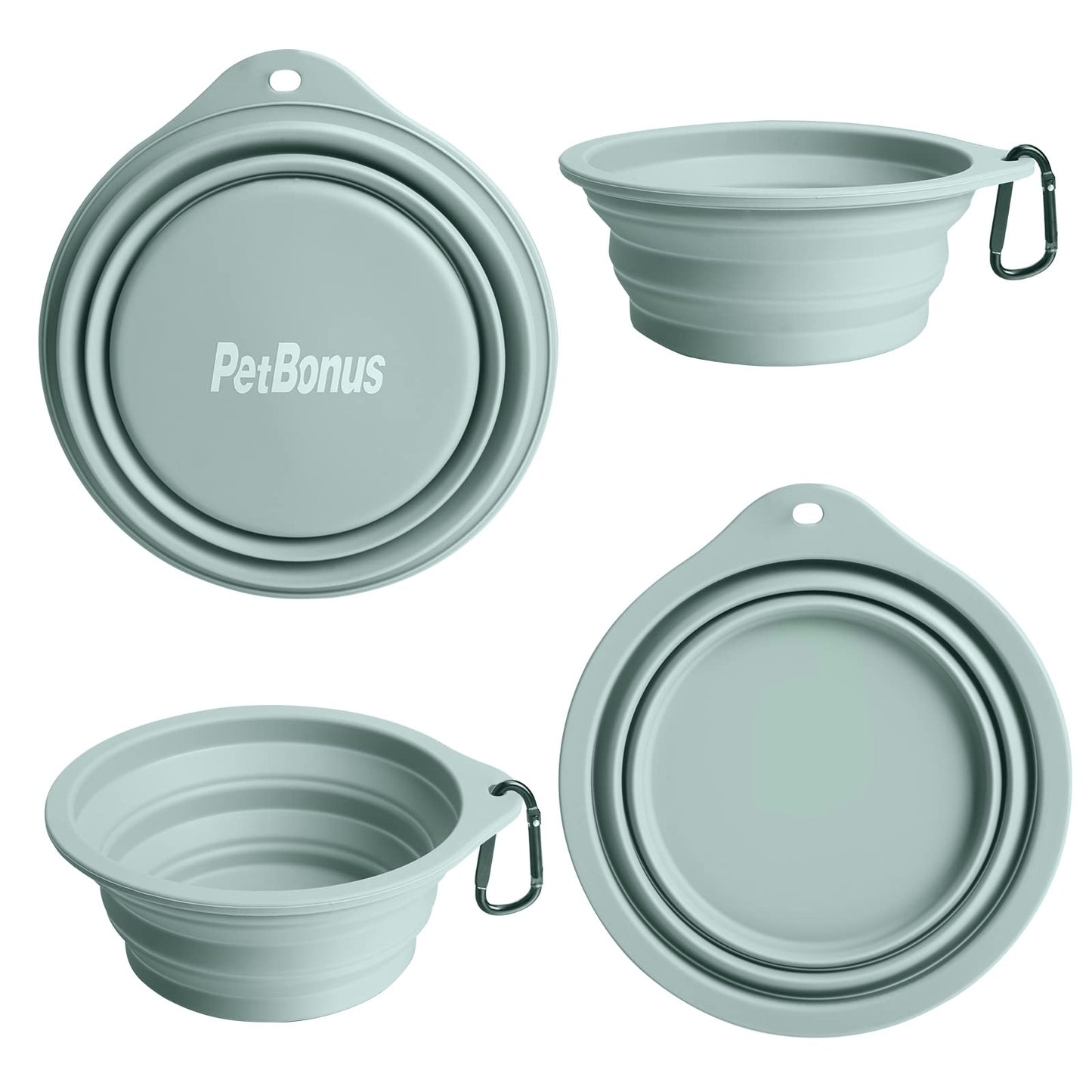 PetBonus 2-Pack Silicone Collapsible Dog Bowls, BPA Free Dishwasher Safe, Portable Foldable Expandable Travel Bowl, Food Water Feeding Cup Dish for Dogs Cats with 2 Carabiners (Turquoise, Tan)