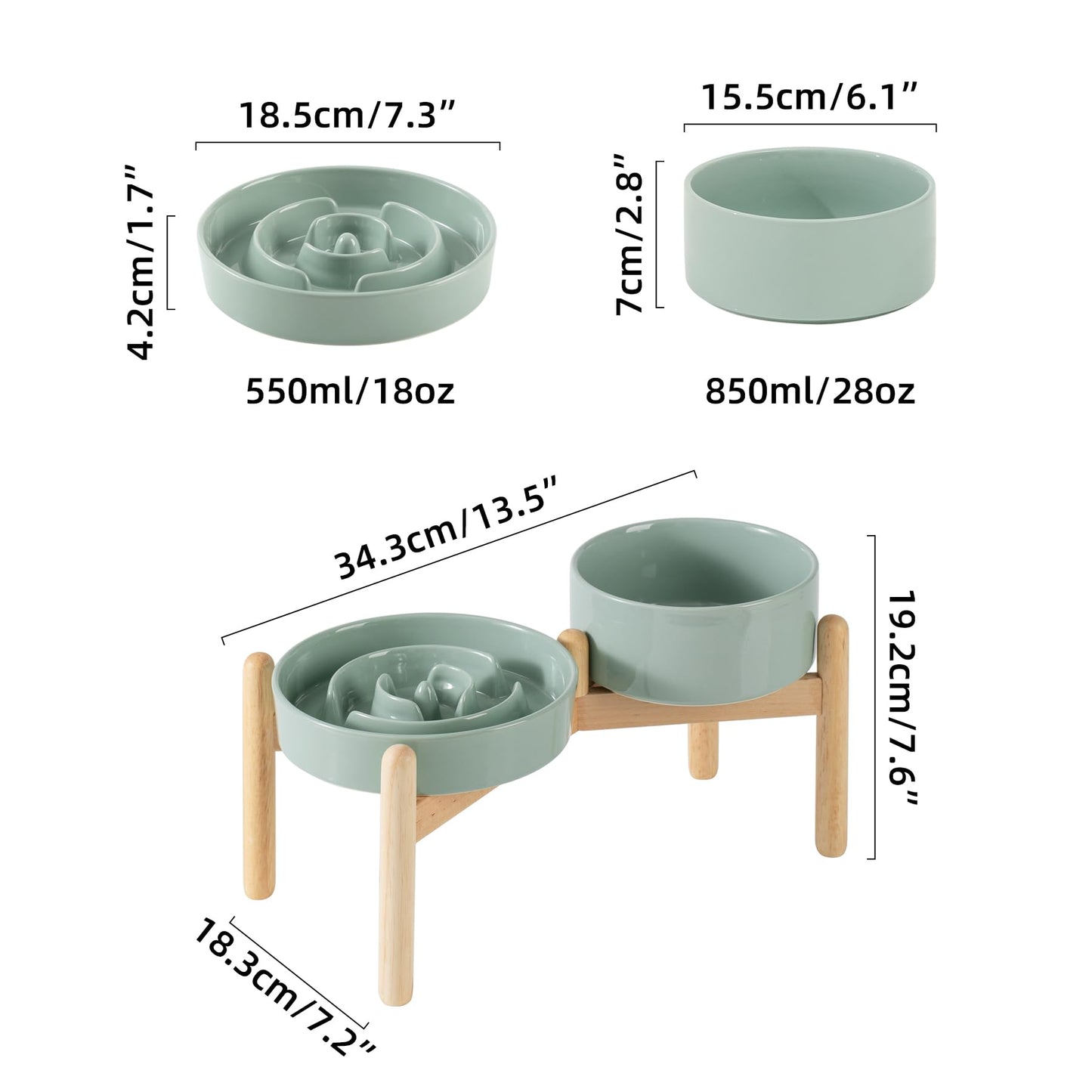 Havniva Ceramic Raised Slow Feeder Dog Bowl Set, Elevated 6.1inch Bowl and 7.3inch Puzzle Slow Food Dish with Wooden Stand for Small and Medium Dog, Anti-Gulping (2X Light Green+ Stand)
