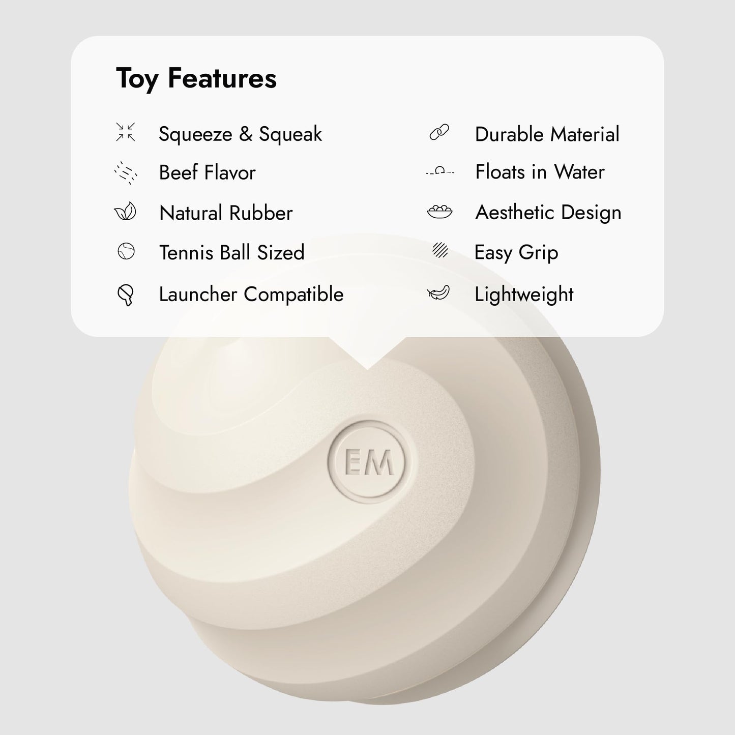 East Mission Single, Aesthetic Fetch & Play Dog Ball Toy with Beef Flavor and Squeaker, Natural Rubber/Latex, Medium Sized (2.5”) Neutral Colors (Beige)