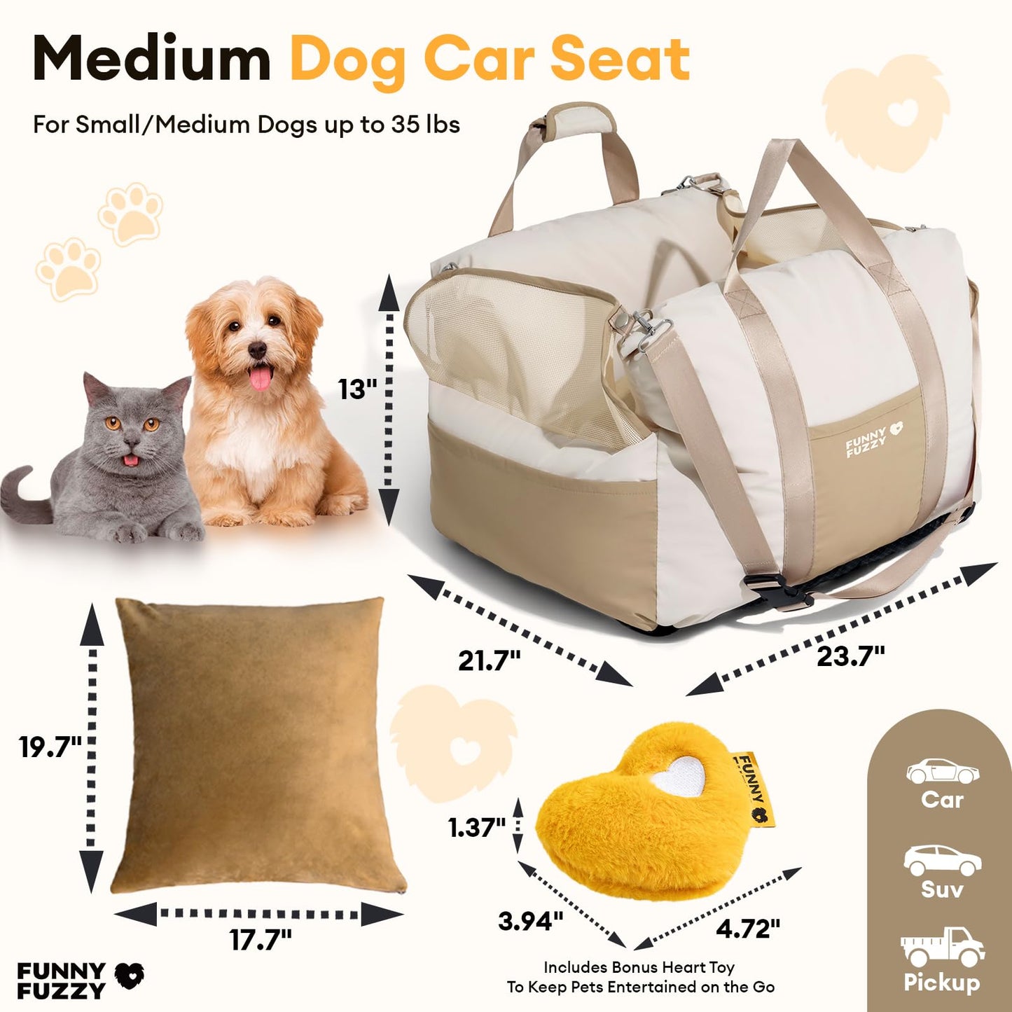 FUNNY FUZZY Waterproof Dog Car Seat for Small & Medium Dogs Up to 35lbs, Detachable & Washable Pet Booster Seat with Leash, Thick Cushion, Storage Pockets & Adjustable Straps (Beige)