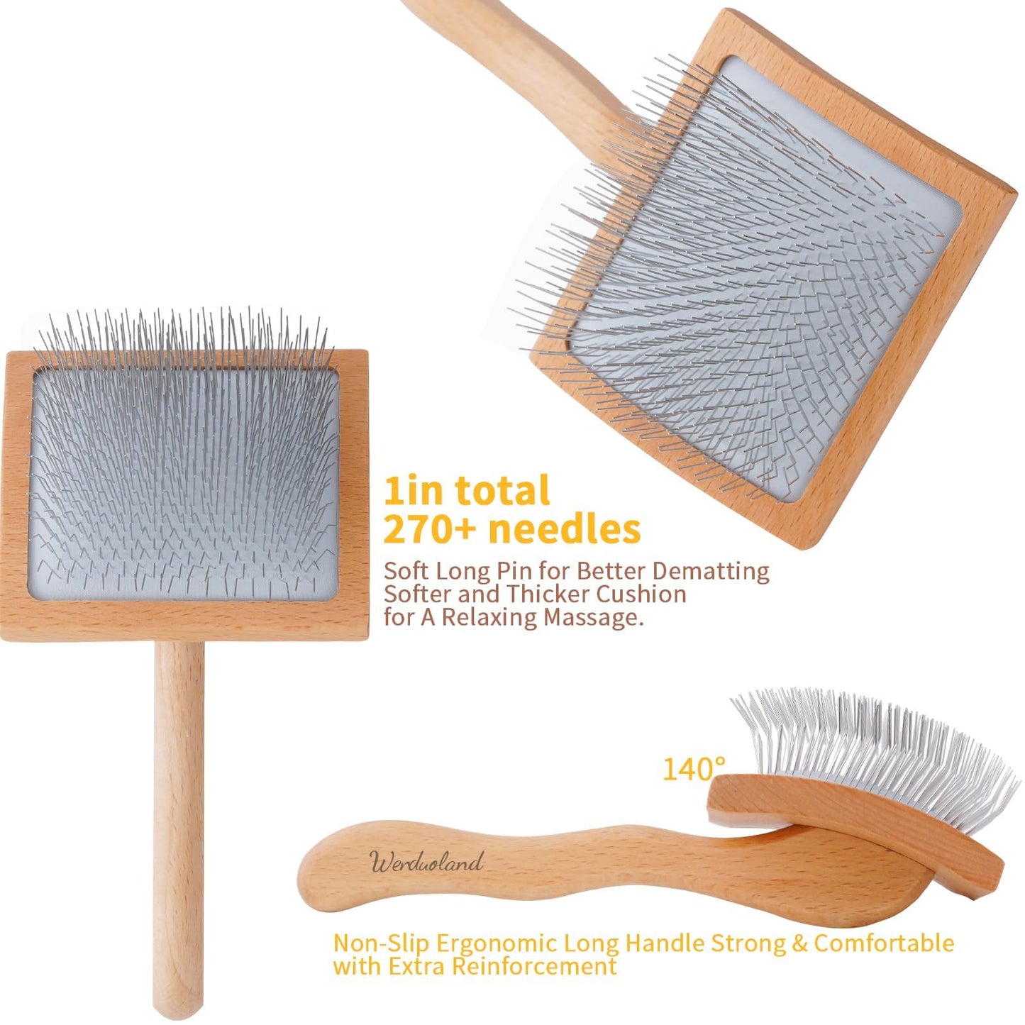 Werduoland Ergonomic Slicker Brush for Long-Haired Dogs - Wooden Handle, Long Pins for Grooming Goldendoodles