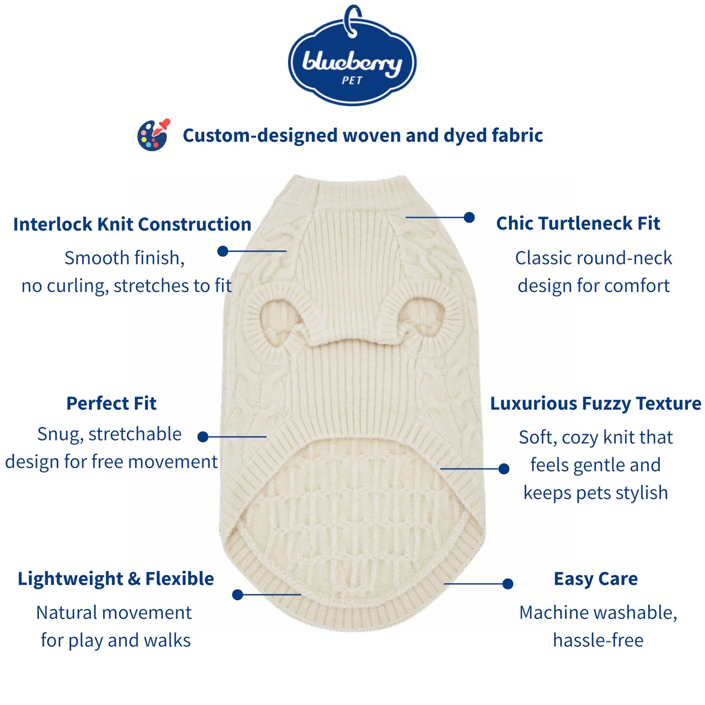 Blueberry Pet Classic Fuzzy Textured Knit Pullover Crew-Neck Dog Sweater in Ivory, Back Length 14", Pack of 1 Clothes for Dogs