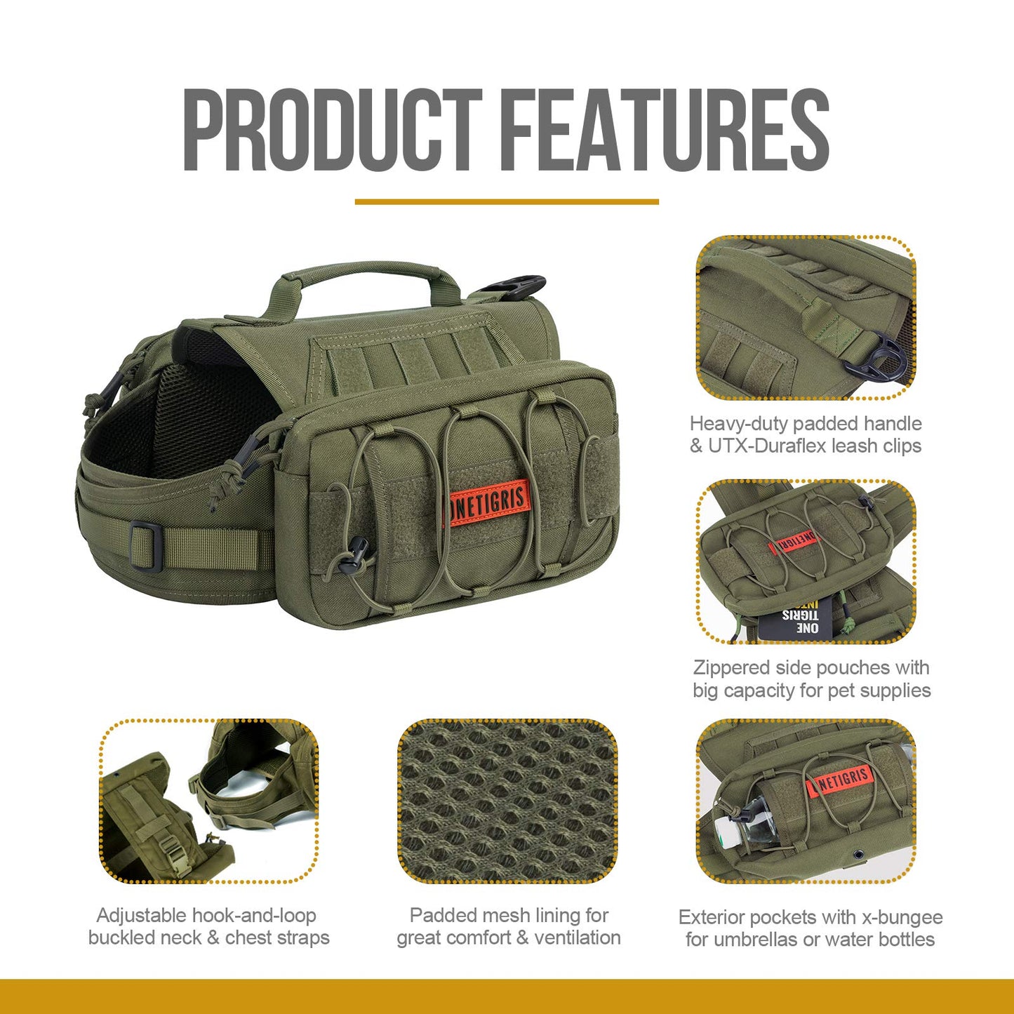 OneTigris Dog Backpack for Hiking Nylon Dog Harness Backpack with Side Pockets for Large Dog with 17"-23.5" Neck Girth and 25"-31" Chest Girth (Green, Medium)