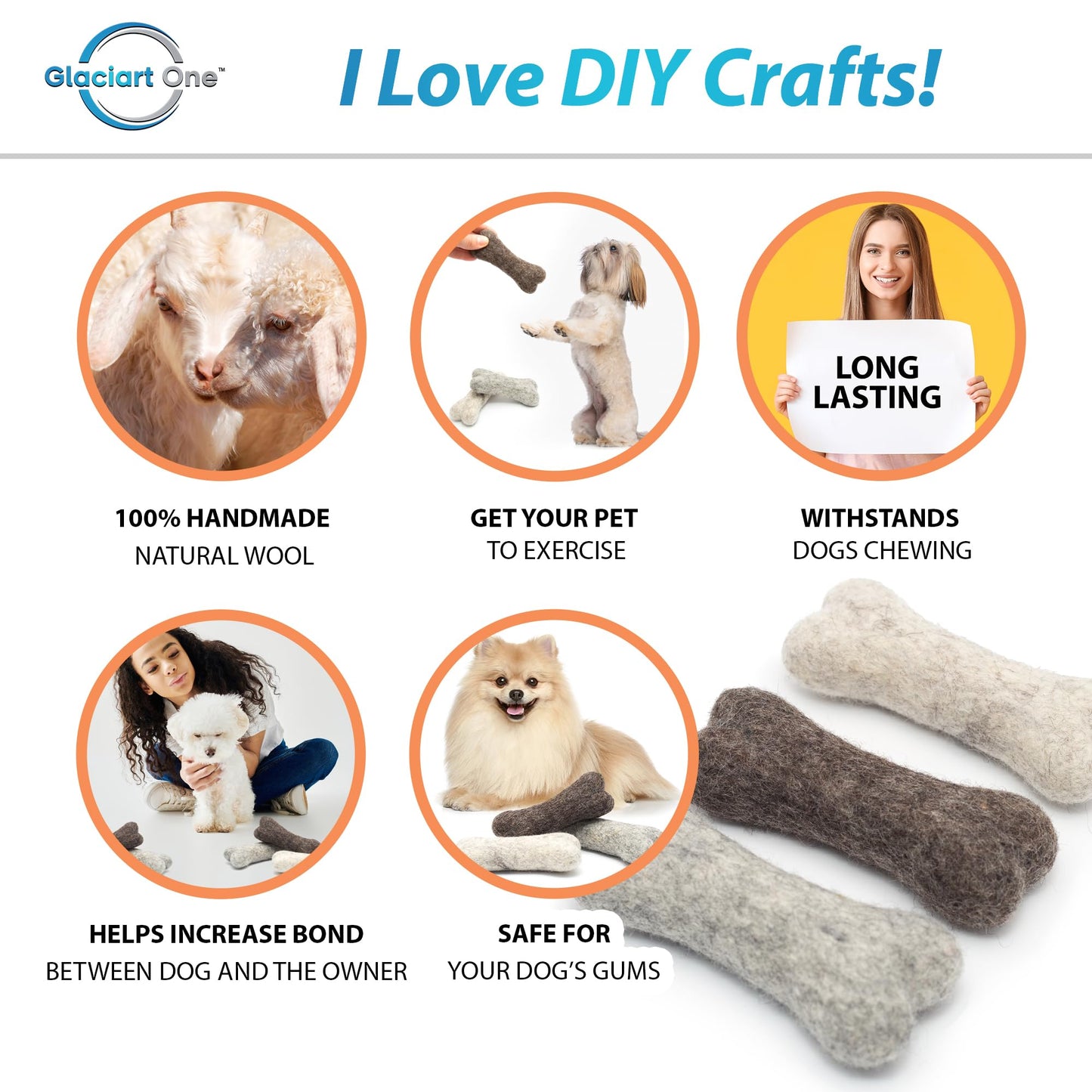 Glaciart One Felted Wool Dog Chew Bone Mini (3 Pcs)| Durable Dog Chew Toy, for Teething & Teeth Cleaning | Fetch Games & for Anxiety/Boredom | Great for Small Puppy