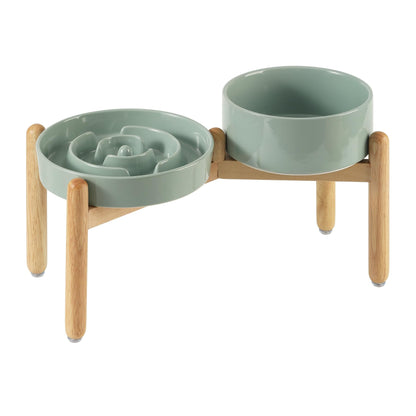 Havniva Ceramic Raised Slow Feeder Dog Bowl Set, Elevated 6.1inch Bowl and 7.3inch Puzzle Slow Food Dish with Wooden Stand for Small and Medium Dog, Anti-Gulping (2X Light Green+ Stand)