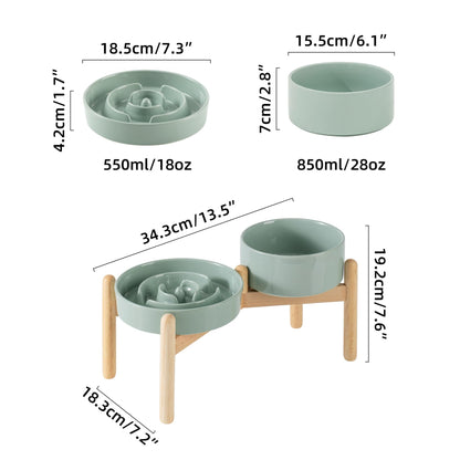 Havniva Ceramic Raised Slow Feeder Dog Bowl Set, Elevated 6.1inch Bowl and 7.3inch Puzzle Slow Food Dish with Wooden Stand for Small and Medium Dog, Anti-Gulping (2X Light Green+ Stand)
