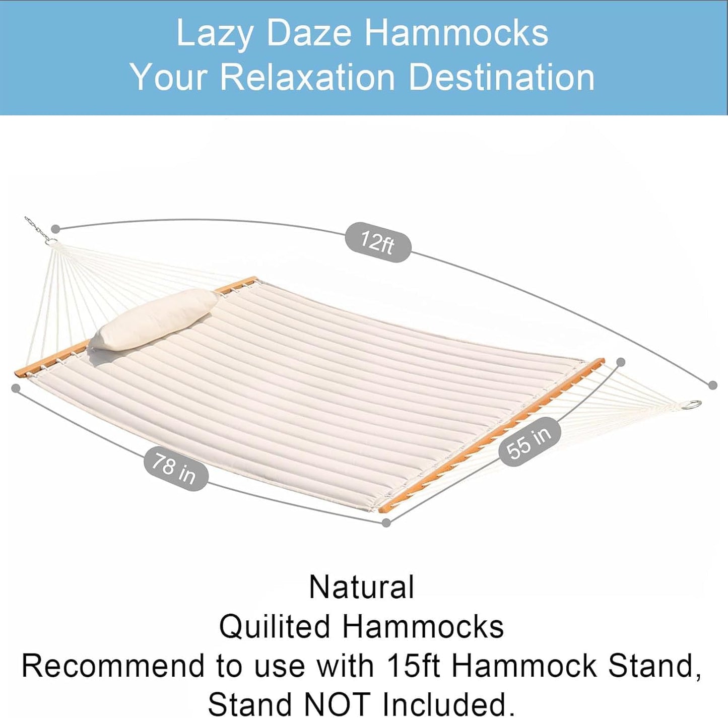 Lazy Daze Hammocks 12 FT Double Quilted Fabric Hammock with Spreader Bars and Detachable Pillow, 2 Person Hammock for Outdoor Patio Backyard Poolside, 450 LBS Weight Capacity, Natural
