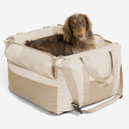 FUNNY FUZZY Waterproof Dog Car Seat for Small & Medium Dogs Up to 35lbs, Detachable & Washable Pet Booster Seat with Leash, Thick Cushion, Storage Pockets & Adjustable Straps (Beige)