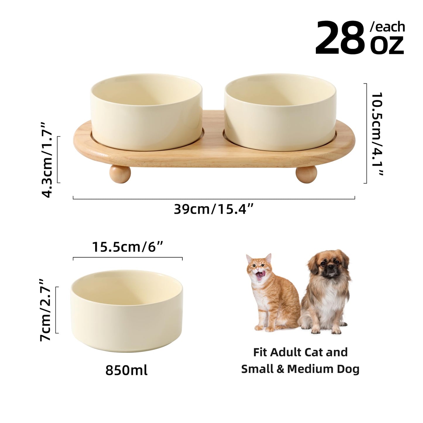 Havniva Ceramic Elevated Dog Bowls, Food and Water Bowls for Dogs, Puppy, Raised Dog Dish, Pet Feeder(6inch, 2 x Beige + Stand)