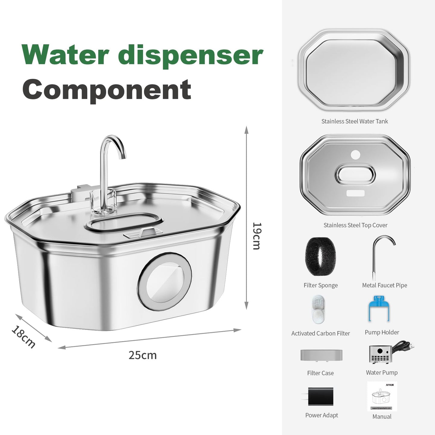Cat Water Fountain Stainless Steel 108oz/3.2L, APAUK Automatic Pet Fountain Dog Water Dispenser with Water Level Window, Quiet Cat Fountain for Drinking, Inside with Replacement(1 Filters&1 Sponges)