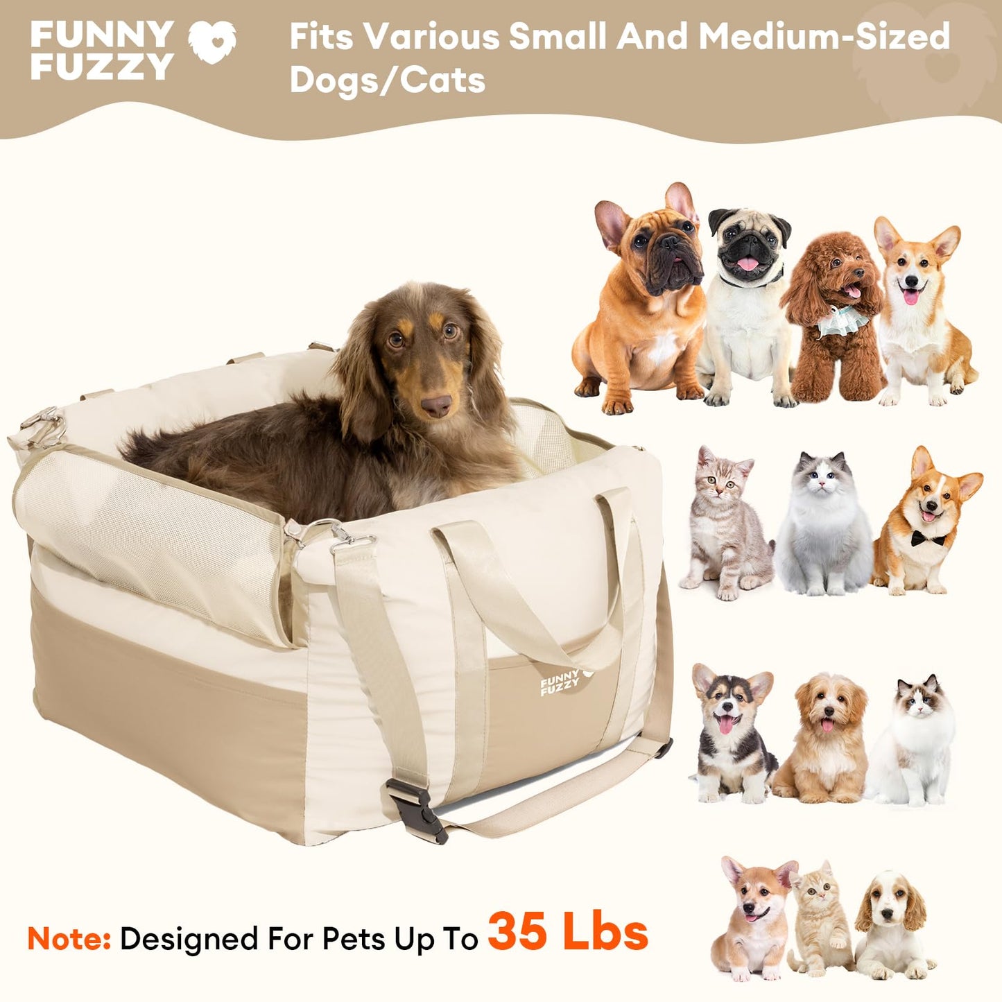 FUNNY FUZZY Waterproof Dog Car Seat for Small & Medium Dogs Up to 35lbs, Detachable & Washable Pet Booster Seat with Leash, Thick Cushion, Storage Pockets & Adjustable Straps (Beige)