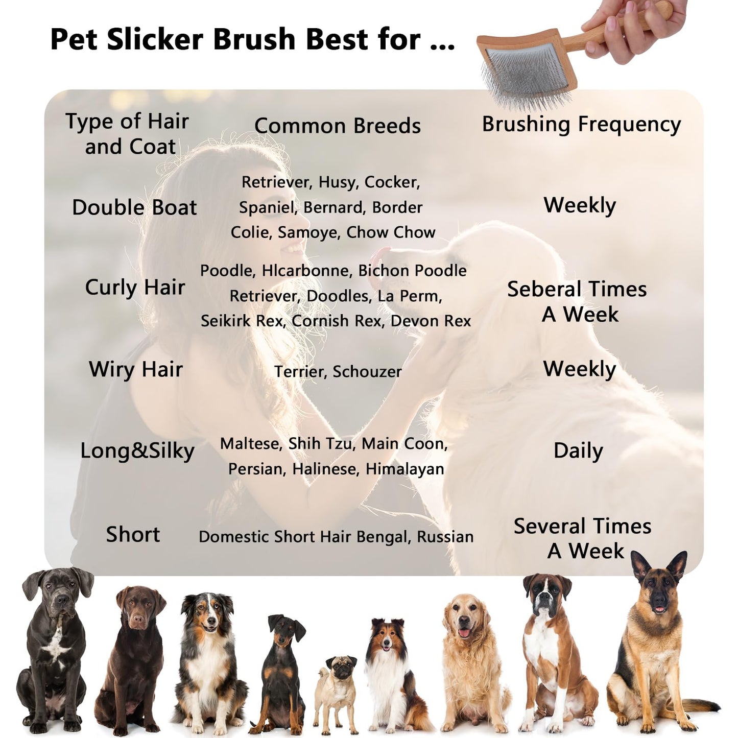 Werduoland Ergonomic Slicker Brush for Long-Haired Dogs - Wooden Handle, Long Pins for Grooming Goldendoodles