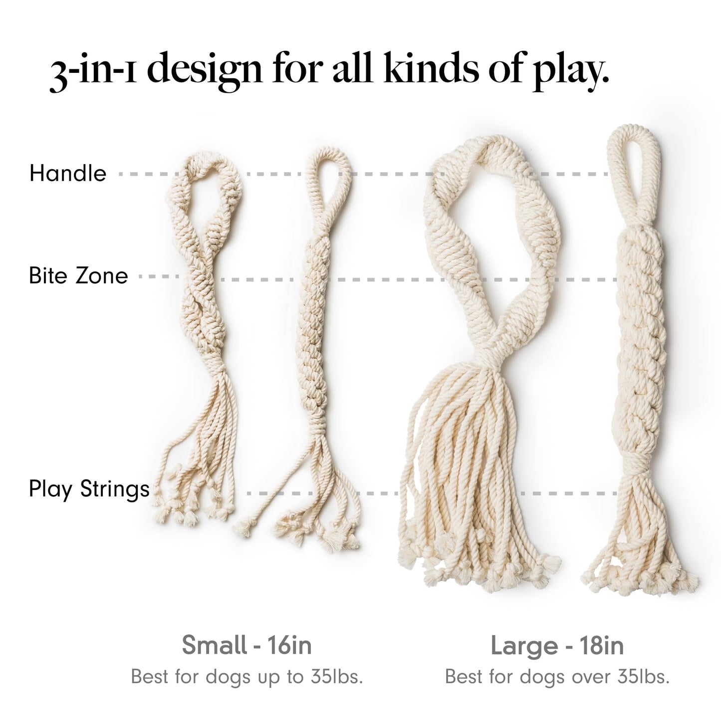 LAY LO Natural Cotton Dog Rope Toys | 18 inch 2-Pack | for Medium and Large Dogs | Includes Live Dog Trainer Support | Durable & Eco-Friendly | Unique Boho Designs with Handle | Puppy Teething Toy