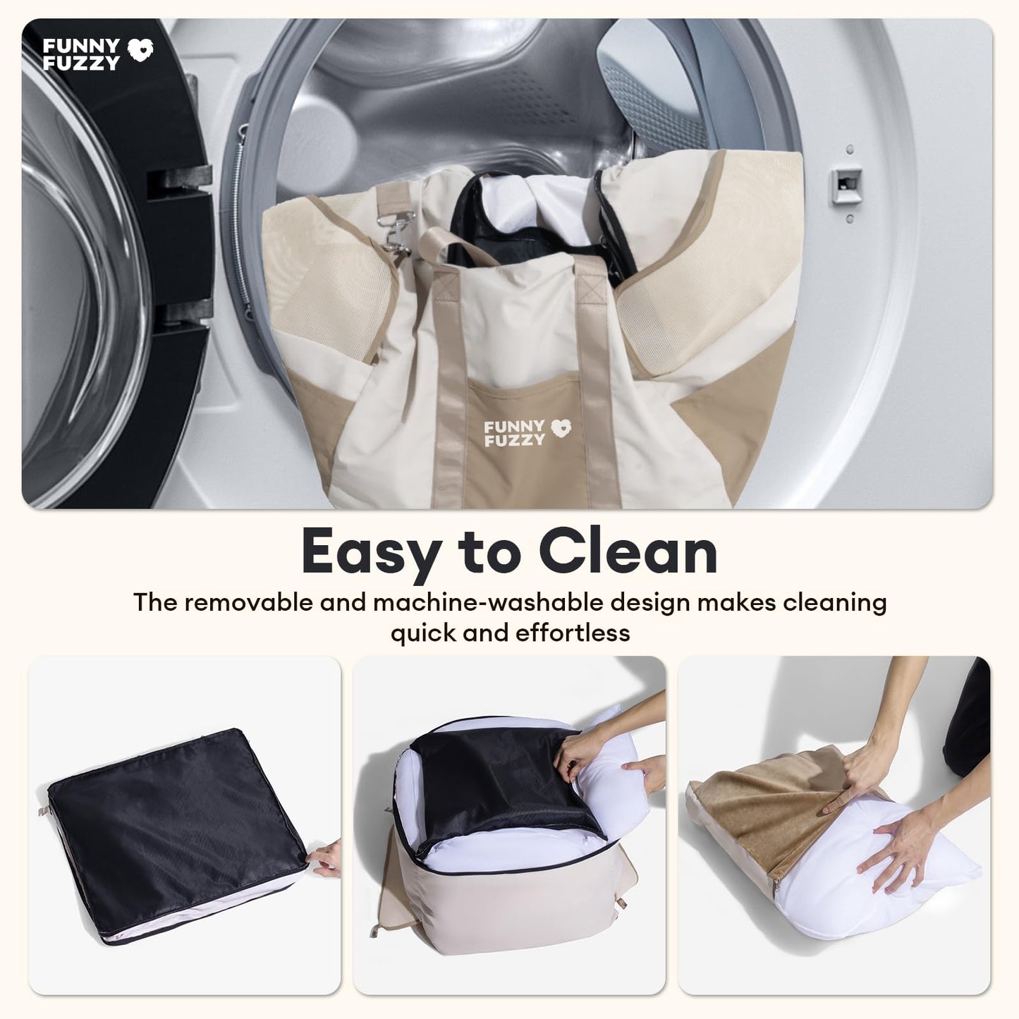 FUNNY FUZZY Waterproof Dog Car Seat for Small & Medium Dogs Up to 35lbs, Detachable & Washable Pet Booster Seat with Leash, Thick Cushion, Storage Pockets & Adjustable Straps (Beige)