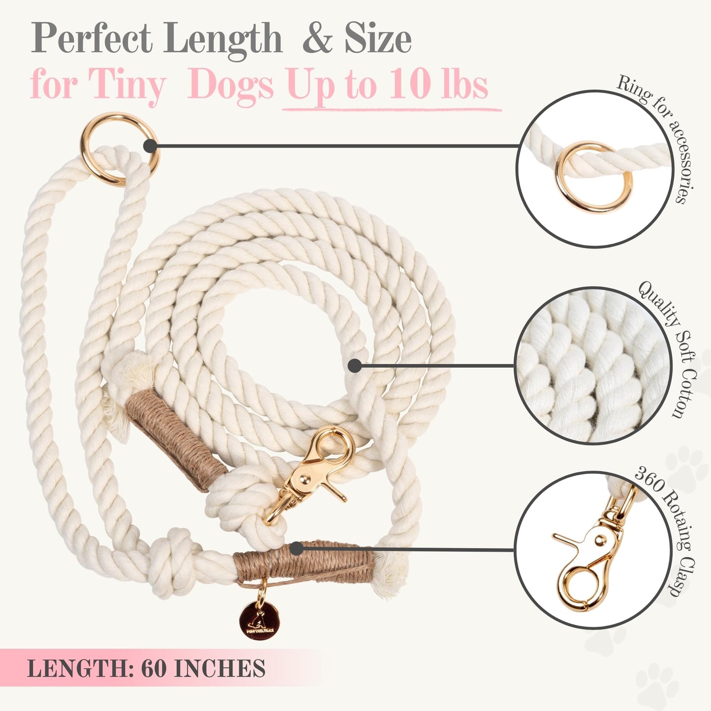 Premium Cotton Rope Leash for Small Puppy Dogs – 5 ft Handcrafted, Cute, Stylish & Durable with 360° Swivel Heavy-Duty Clip – Perfect for Everyday Walks, Training & Weddings – Creamy White