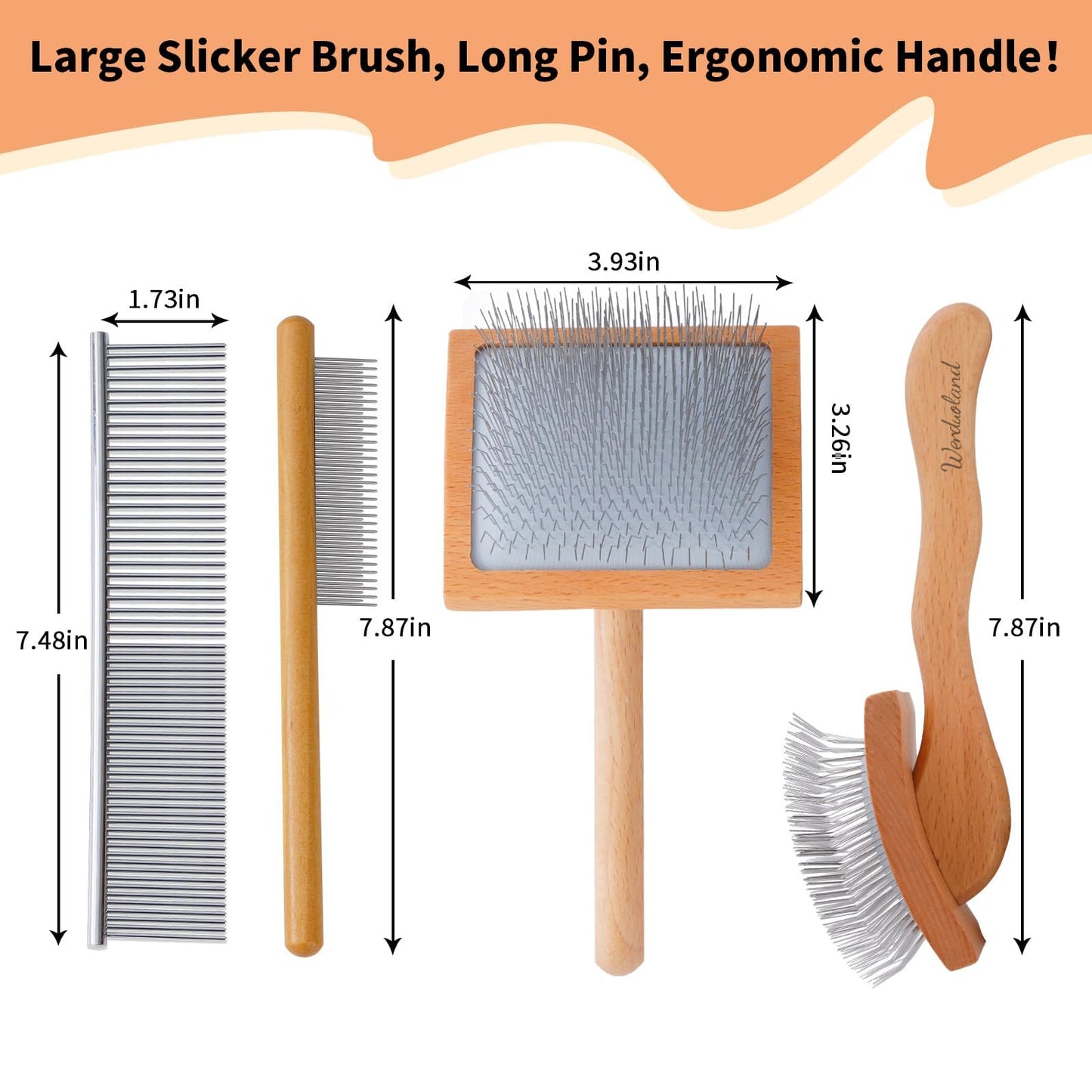 Werduoland Ergonomic Slicker Brush for Long-Haired Dogs - Wooden Handle, Long Pins for Grooming Goldendoodles