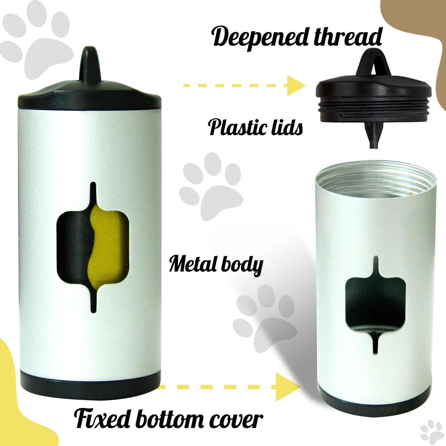 Metal Dog Poop Bag Holder 2-Pack w/Leash Clip|Durable Scratch-Resistant Aluminum|30 Bags+6 Accessories（Silver）