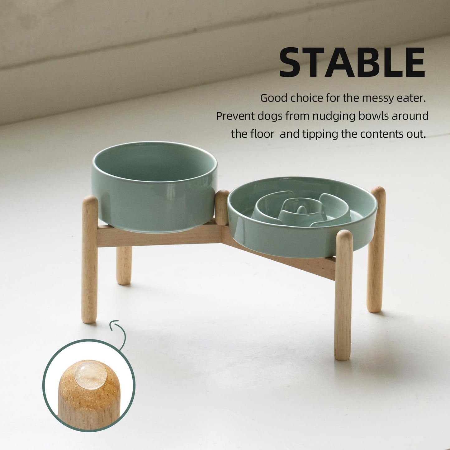 Havniva Ceramic Raised Slow Feeder Dog Bowl Set, Elevated 6.1inch Bowl and 7.3inch Puzzle Slow Food Dish with Wooden Stand for Small and Medium Dog, Anti-Gulping (2X Light Green+ Stand)