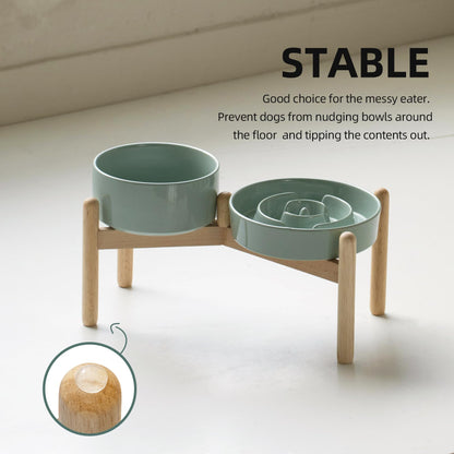 Havniva Ceramic Raised Slow Feeder Dog Bowl Set, Elevated 6.1inch Bowl and 7.3inch Puzzle Slow Food Dish with Wooden Stand for Small and Medium Dog, Anti-Gulping (2X Light Green+ Stand)