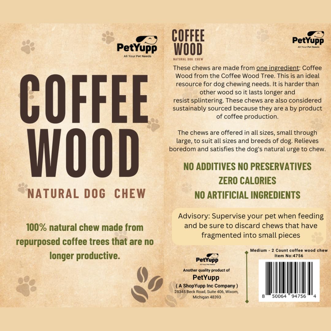 PetYupp Natural Coffee Wood Dog Chew Medium, 2 Count - Promotes Dental Health, Reduces Tartar & Chewing Exercise for Aggressive Chewers, Small, Medium & Large Dogs - Safe Chew Toy for Puppy