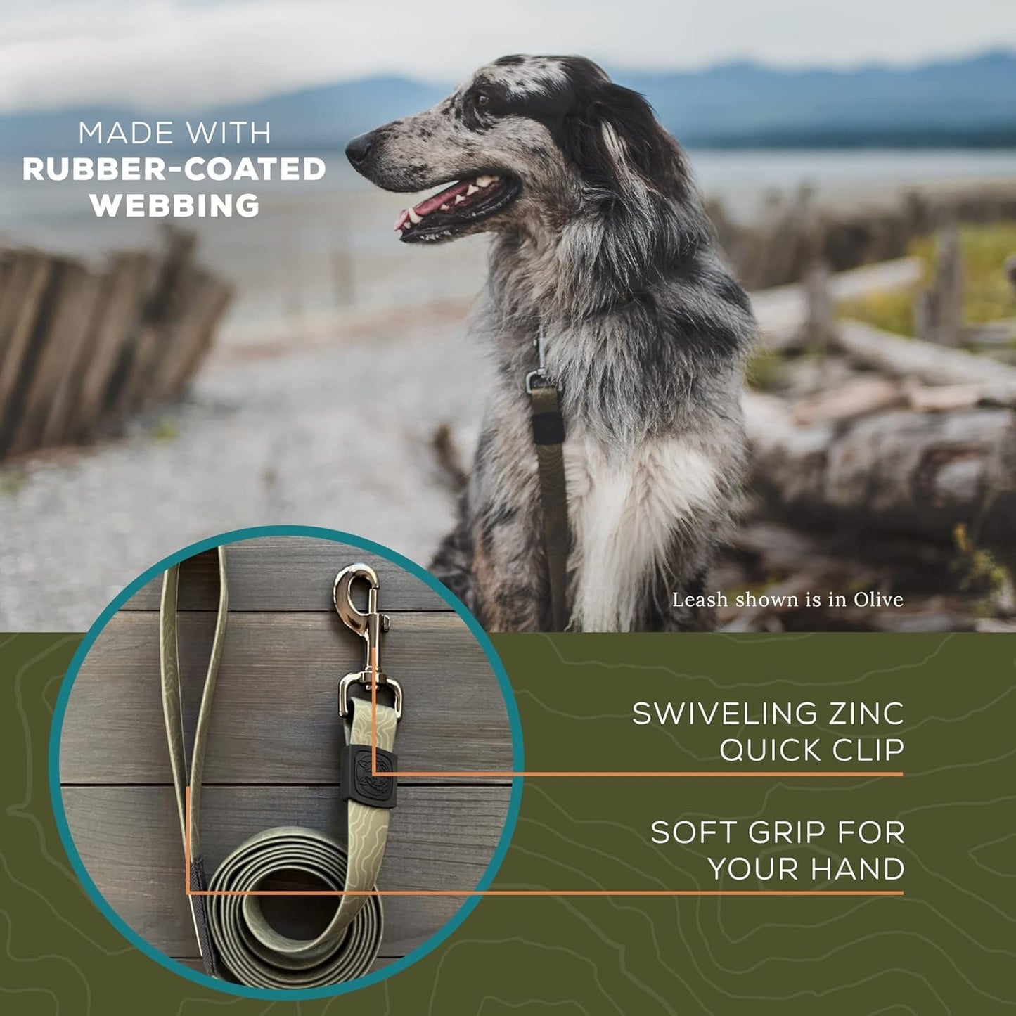 Wilderdog Waterproof Dog Leash - Repels Water & Dirt - Olive