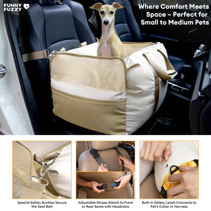 FUNNY FUZZY Waterproof Dog Car Seat for Small & Medium Dogs Up to 35lbs, Detachable & Washable Pet Booster Seat with Leash, Thick Cushion, Storage Pockets & Adjustable Straps (Beige)