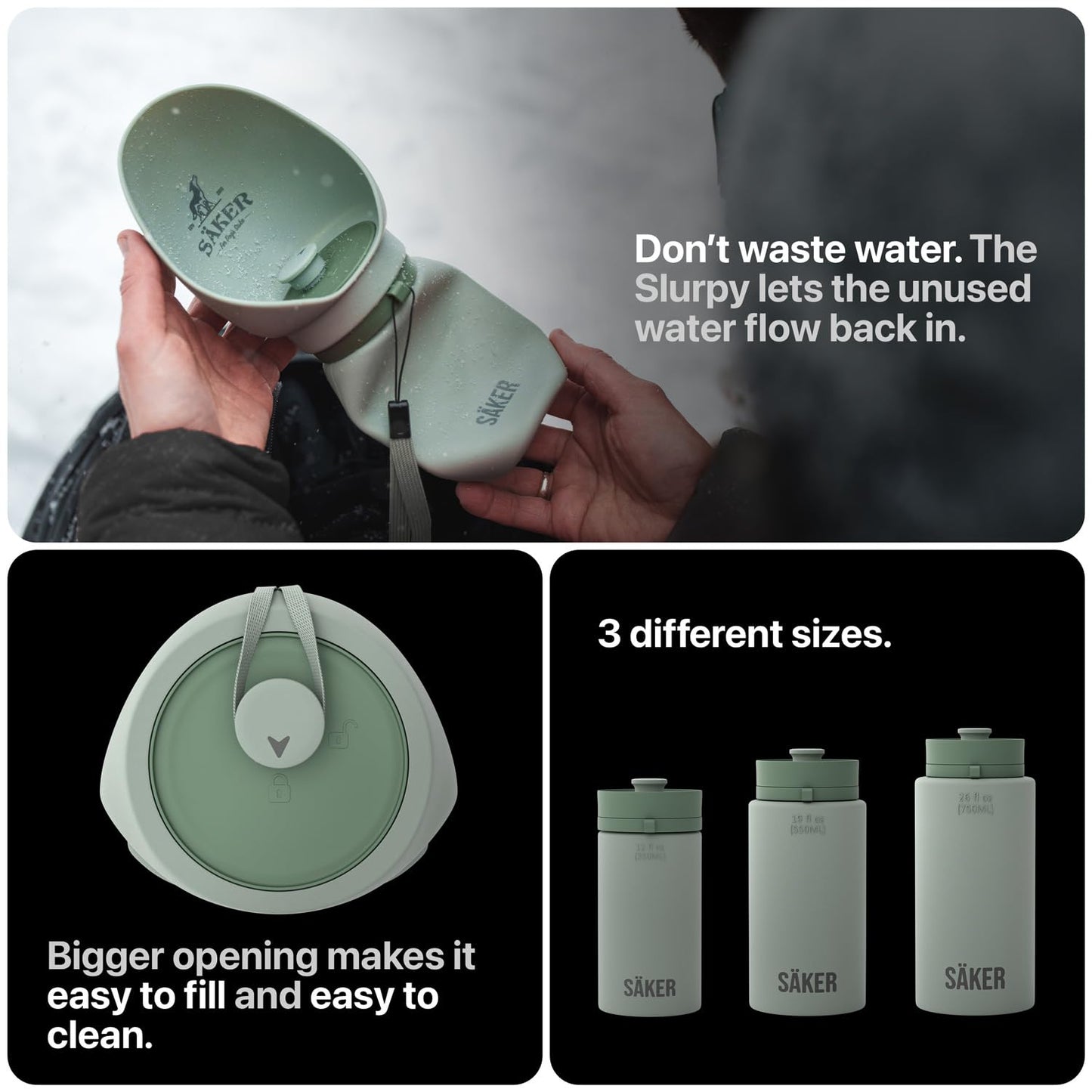 SÄKER Portable Dog Water Bottle, Collapsible Water Bottle for Dogs Perfect for Walking, Hiking and Outdoors | Works as a Portable Water Bowl | Designed in Montreal - 550ml