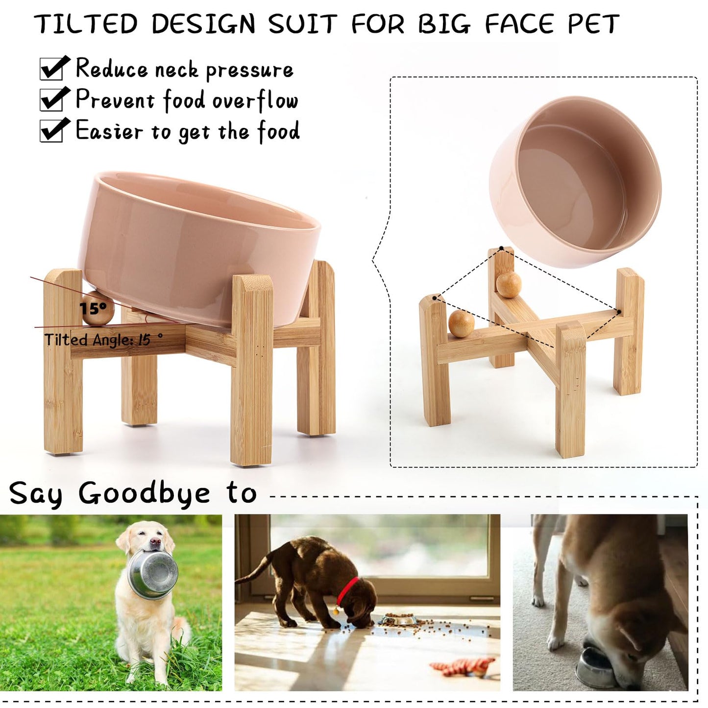 Petygooing Khaki Elevated/Raised 15°Slanted Ceramic Dog Bowl for Small and Medium Breeds, Tilted Anti Slip Pet Feeding Bowl,Food Water Dish with Stand for Cats and Dogs (28 OZ/3.6 Cups)
