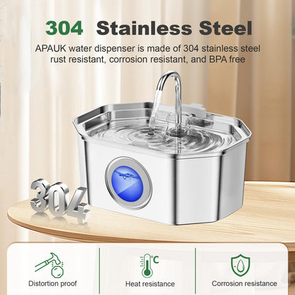 Cat Water Fountain Stainless Steel 108oz/3.2L, APAUK Automatic Pet Fountain Dog Water Dispenser with Water Level Window, Quiet Cat Fountain for Drinking, Inside with Replacement(1 Filters&1 Sponges)