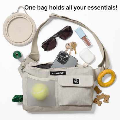 Cleverpup, Dog Walk & Train Sling Bag - Hands-Free 2-In-1 Treat Pouch, Poop Bag Holder, Clicker, Phone Pocket - Crossbody/Fanny Pack, Adjustable Strap - Sand