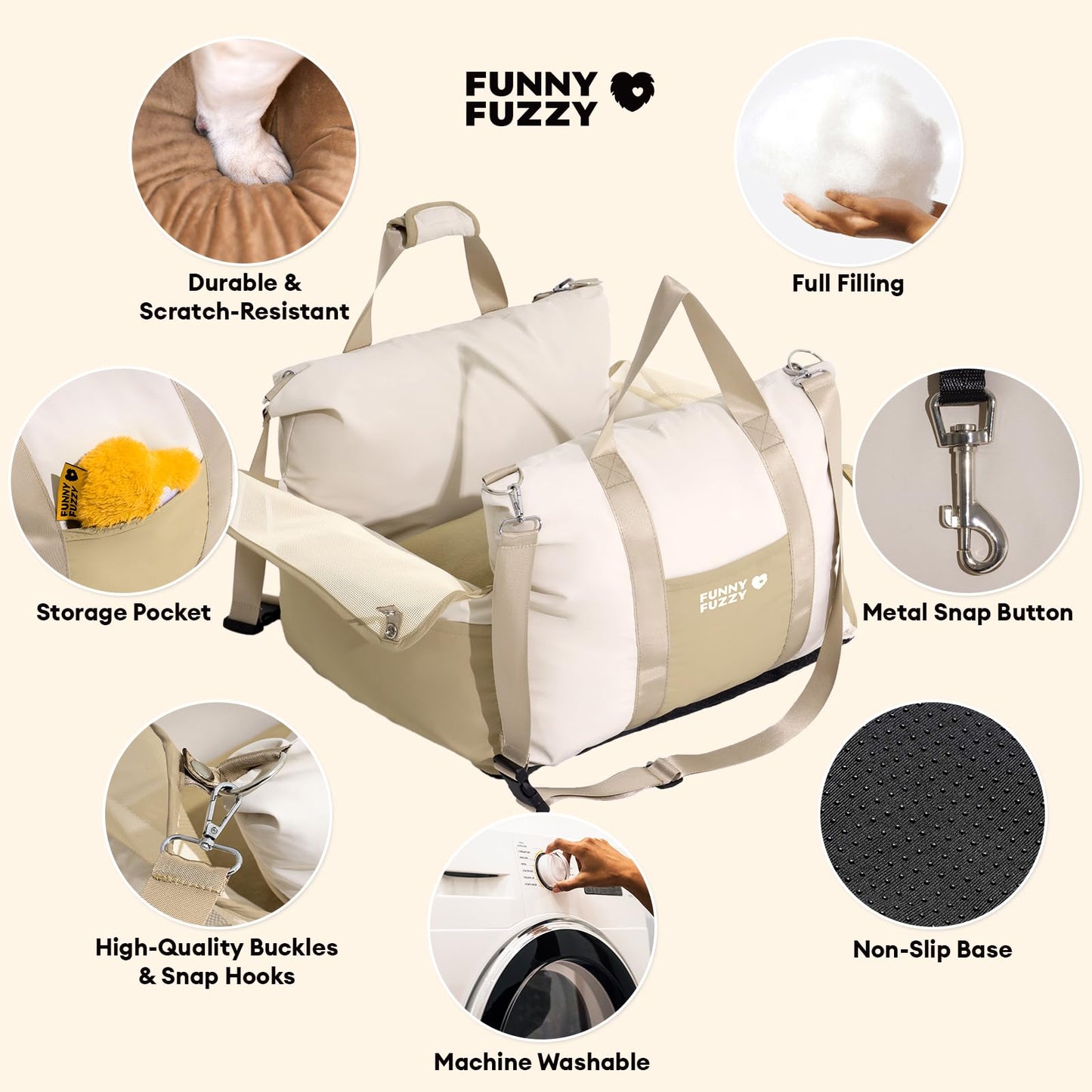 FUNNY FUZZY Waterproof Dog Car Seat for Small & Medium Dogs Up to 35lbs, Detachable & Washable Pet Booster Seat with Leash, Thick Cushion, Storage Pockets & Adjustable Straps (Beige)