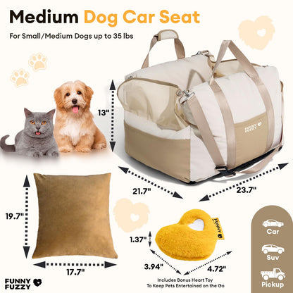 FUNNY FUZZY Waterproof Dog Car Seat for Small & Medium Dogs Up to 35lbs, Detachable & Washable Pet Booster Seat with Leash, Thick Cushion, Storage Pockets & Adjustable Straps (Beige)