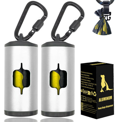 Metal Dog Poop Bag Holder 2-Pack w/Leash Clip|Durable Scratch-Resistant Aluminum|30 Bags+6 Accessories（Silver）