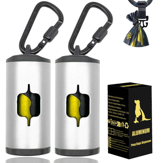 Metal Dog Poop Bag Holder 2-Pack w/Leash Clip|Durable Scratch-Resistant Aluminum|30 Bags+6 Accessories（Silver）
