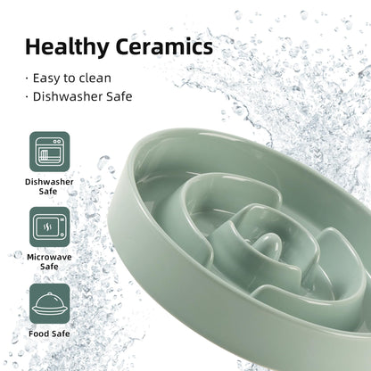 Havniva Ceramic Raised Slow Feeder Dog Bowl Set, Elevated 6.1inch Bowl and 7.3inch Puzzle Slow Food Dish with Wooden Stand for Small and Medium Dog, Anti-Gulping (2X Light Green+ Stand)