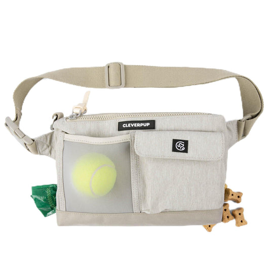 Cleverpup, Dog Walk & Train Sling Bag - Hands-Free 2-In-1 Treat Pouch, Poop Bag Holder, Clicker, Phone Pocket - Crossbody/Fanny Pack, Adjustable Strap - Sand