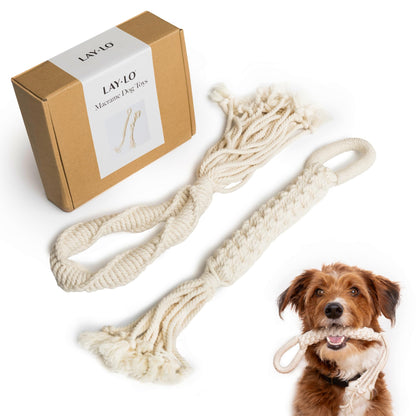LAY LO Natural Cotton Dog Rope Toys | 18 inch 2-Pack | for Medium and Large Dogs | Includes Live Dog Trainer Support | Durable & Eco-Friendly | Unique Boho Designs with Handle | Puppy Teething Toy