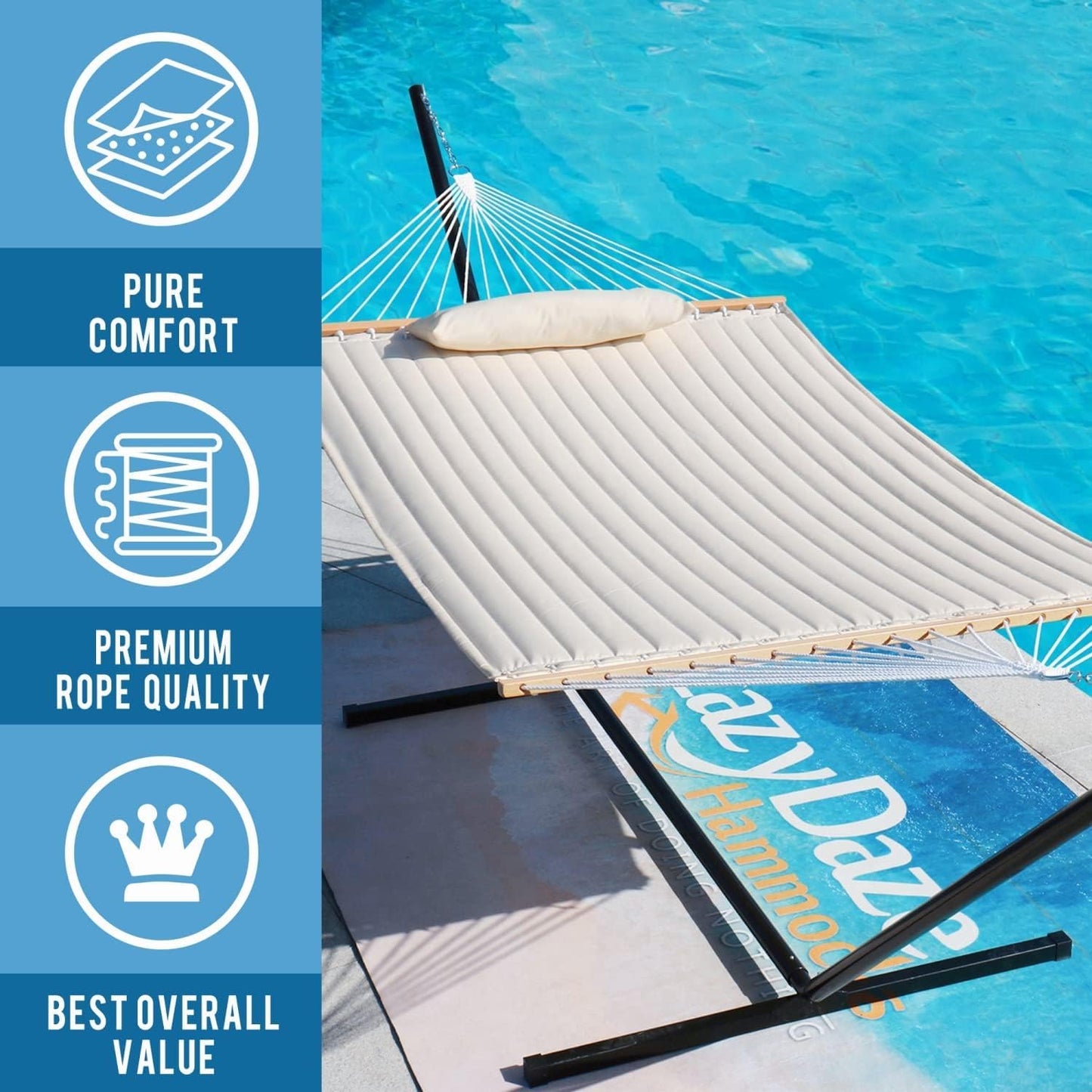 Lazy Daze Hammocks 12 FT Double Quilted Fabric Hammock with Spreader Bars and Detachable Pillow, 2 Person Hammock for Outdoor Patio Backyard Poolside, 450 LBS Weight Capacity, Natural