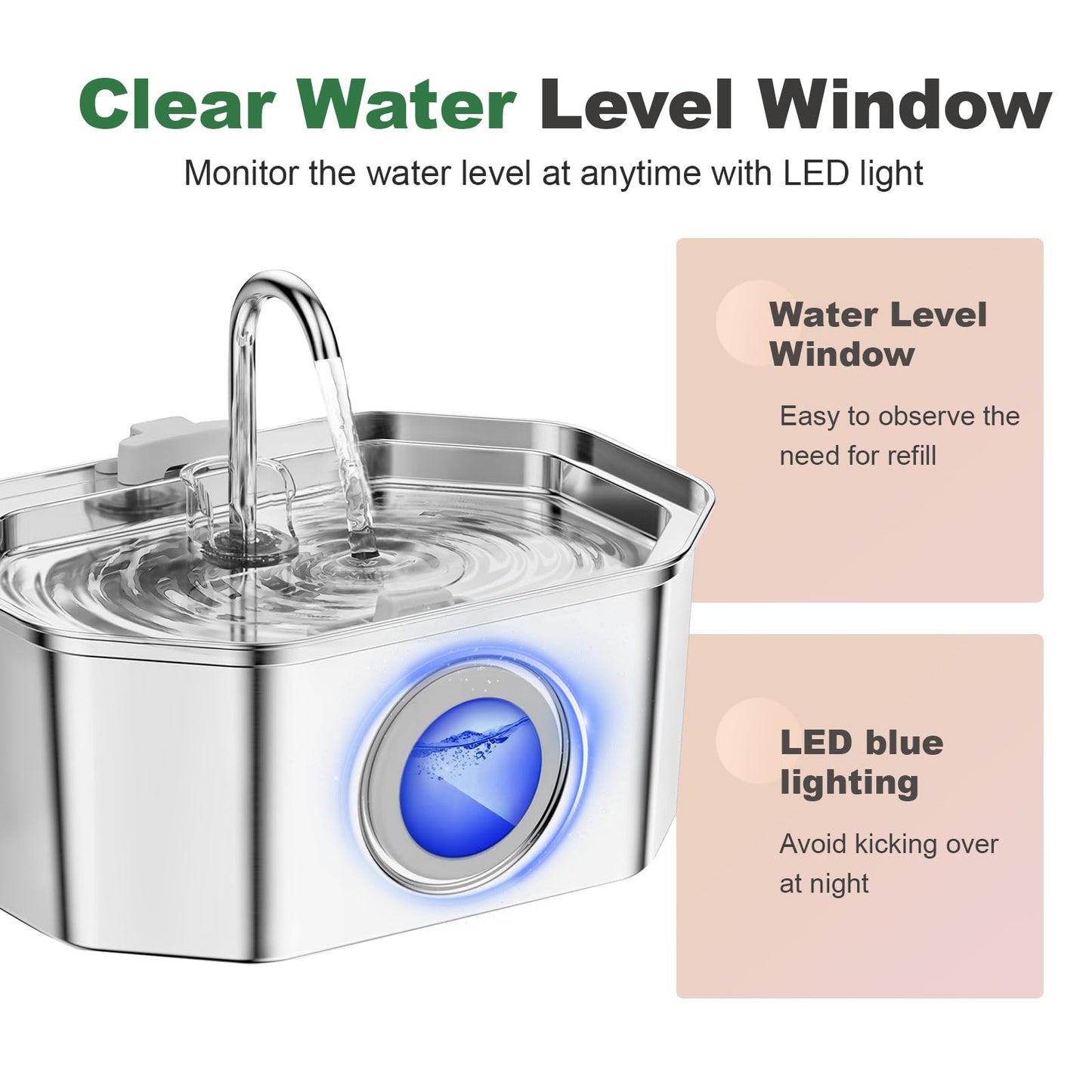Cat Water Fountain Stainless Steel 108oz/3.2L, APAUK Automatic Pet Fountain Dog Water Dispenser with Water Level Window, Quiet Cat Fountain for Drinking, Inside with Replacement(1 Filters&1 Sponges)