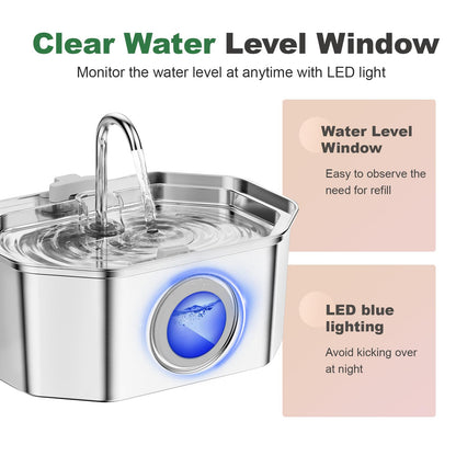 Cat Water Fountain Stainless Steel 108oz/3.2L, APAUK Automatic Pet Fountain Dog Water Dispenser with Water Level Window, Quiet Cat Fountain for Drinking, Inside with Replacement(1 Filters&1 Sponges)