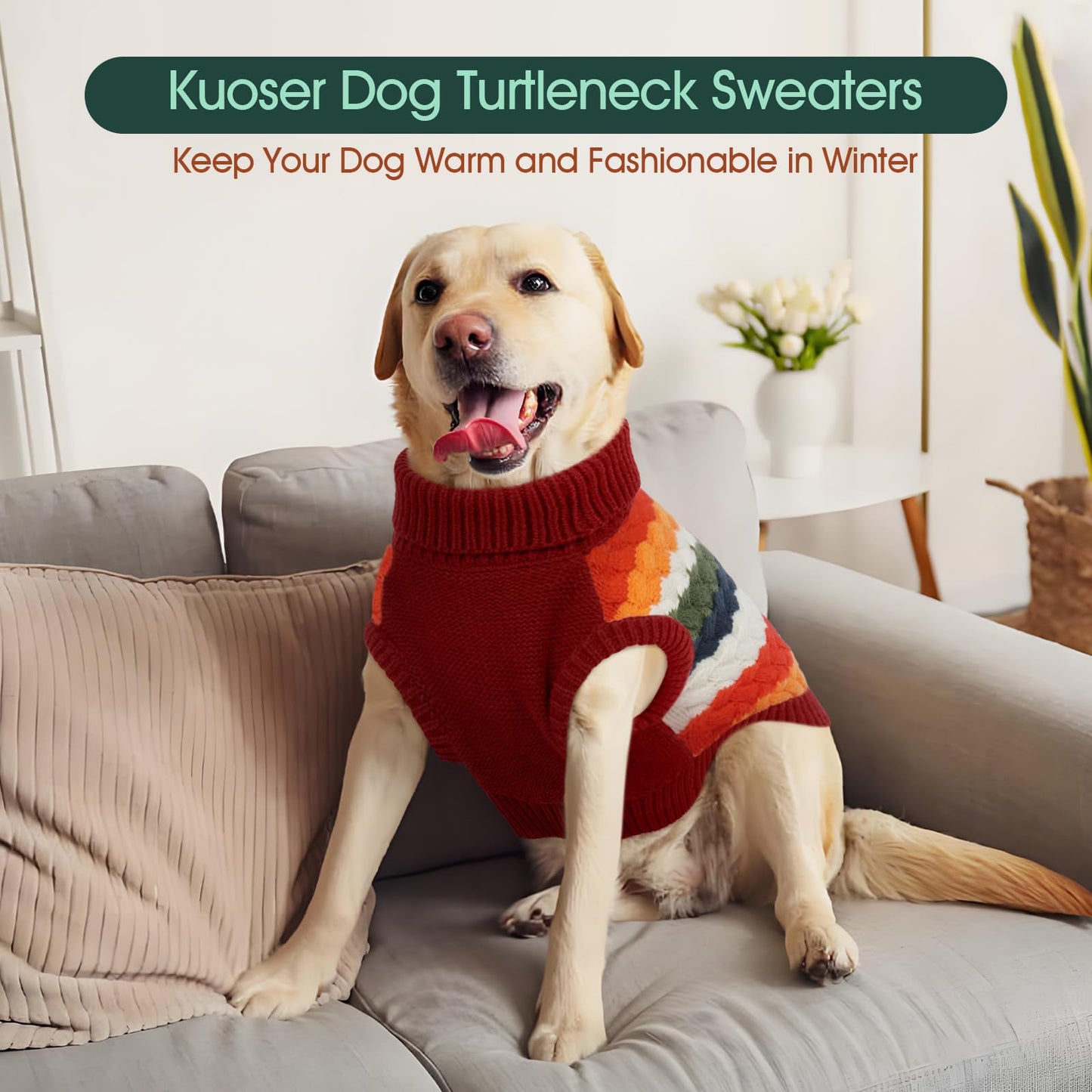 Kuoser Dog Sweater, Thermal Knitted Winter Clothes for Large Dogs, Dog Christmas Sweater Turtleneck Knitwear for Fall Winter, Warm Sweaters for Dogs, Puppy Holiday Pullover Pet Outfit, Red 2XL