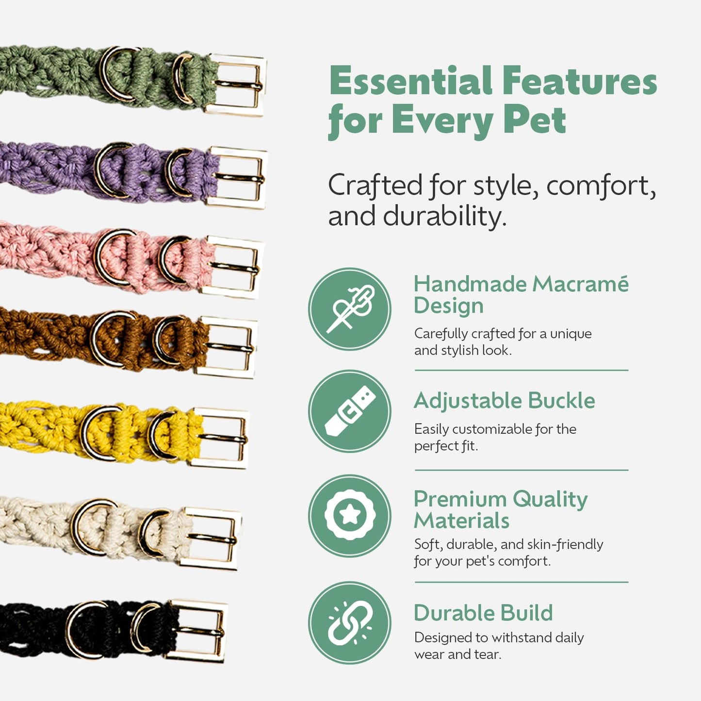 Handmade Macramé Dog Collar, Soft & Padded with Metal Buckle, Adjustable White Collar for Small & Medium Dogs, Lightweight, Eco-Friendly & Durable Design, M