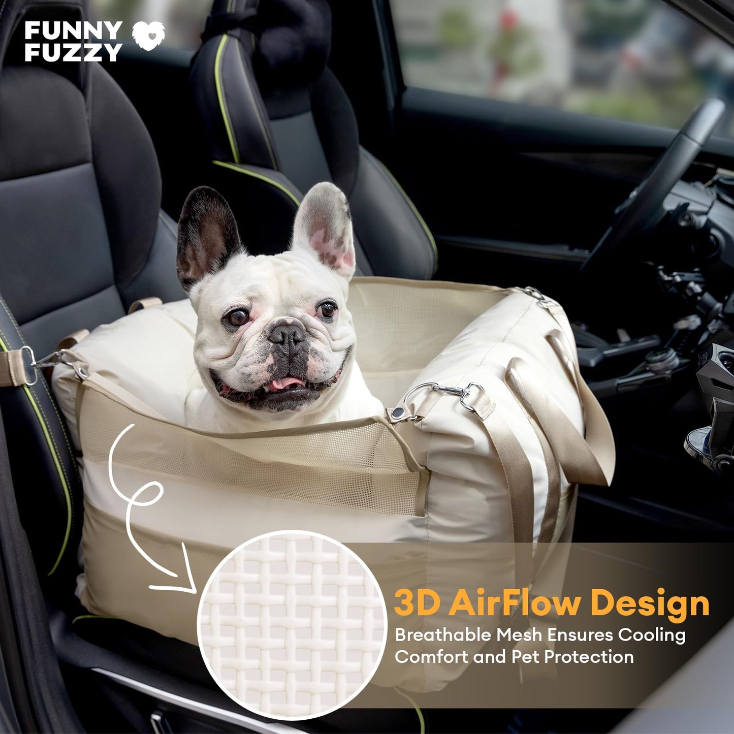 FUNNY FUZZY Waterproof Dog Car Seat for Small & Medium Dogs Up to 35lbs, Detachable & Washable Pet Booster Seat with Leash, Thick Cushion, Storage Pockets & Adjustable Straps (Beige)
