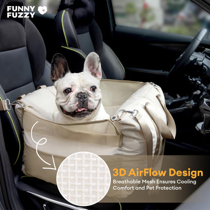 FUNNY FUZZY Waterproof Dog Car Seat for Small & Medium Dogs Up to 35lbs, Detachable & Washable Pet Booster Seat with Leash, Thick Cushion, Storage Pockets & Adjustable Straps (Beige)