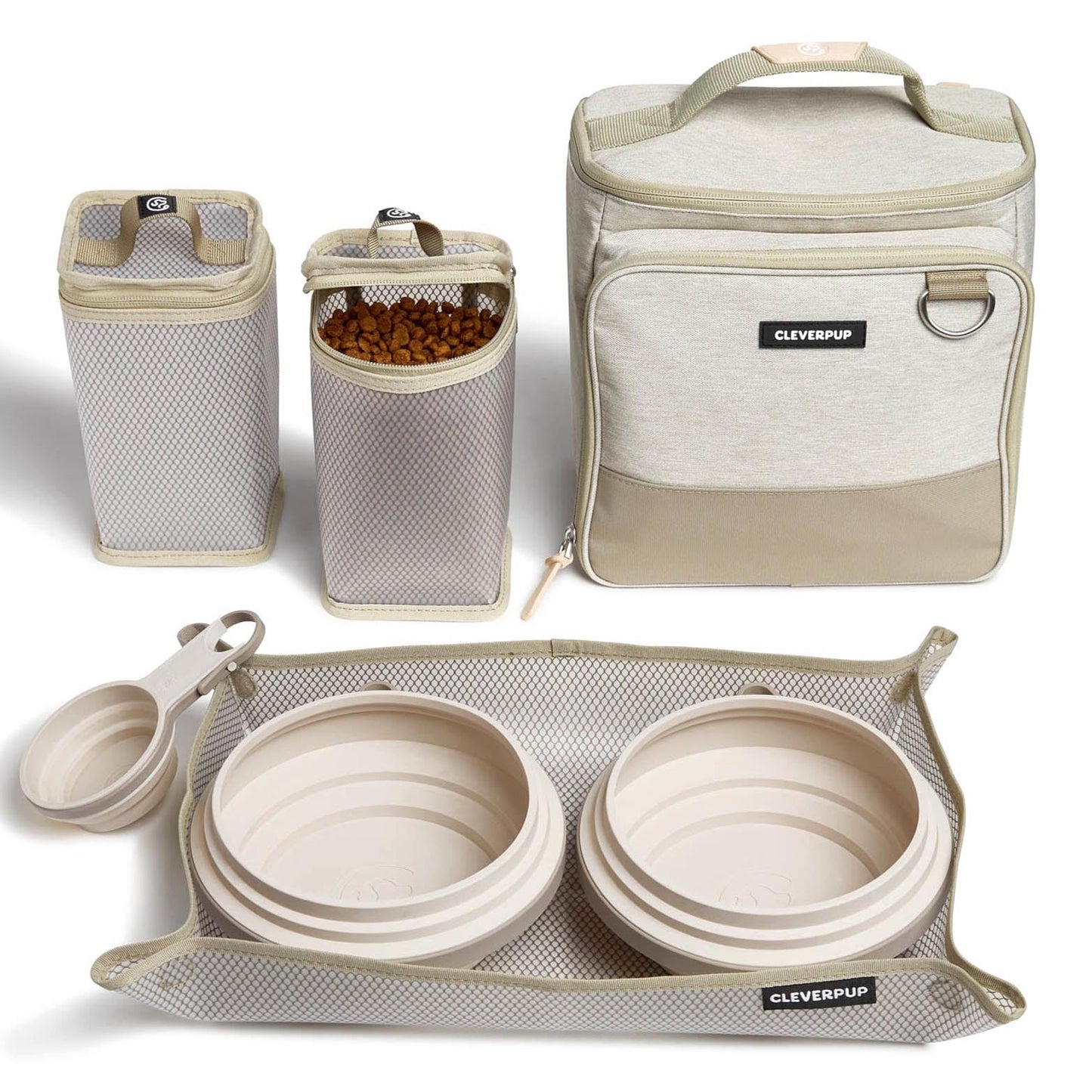 Cleverpup, Large 7-Piece Bistro Box Dog Food Travel Kit, 12-Cup Kibble Storage, 2 Silicone Bowls, Mat & Scoop - Premium Portable Pet Food Kit for Weekends, Overnights, Daycare & Camping, Sand