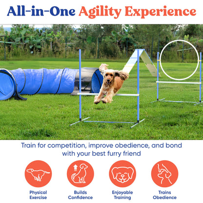 FetchFlow Dog Agility Training Equipment – Complete Backyard Agility Course Set w/Adjustable A-Frame Ladder, Weave Poles, Cones, Jump Hoop, Tunnel & Sandbags – Outdoor Dog Playground Kit