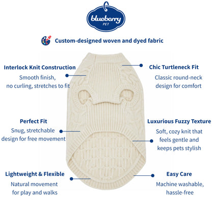 Blueberry Pet Classic Fuzzy Textured Knit Pullover Crew-Neck Dog Sweater in Ivory, Back Length 14", Pack of 1 Clothes for Dogs