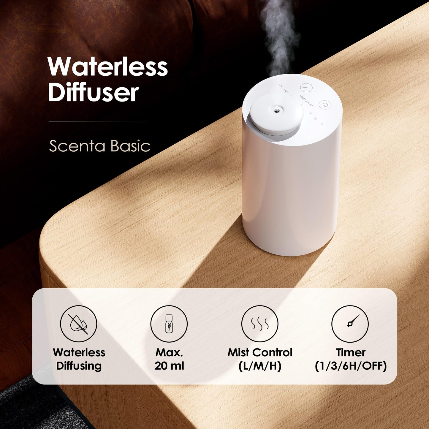 Airversa Waterless Diffuser for Essential Oil, Battery Operated Nebulizer, 0.7 Fl.Oz./ 20mL Capacity, Mini Scent Air Machine, 3 Countdown Timers & Mist Levels for Home, Room, Car, Office - AN6 Yogurt