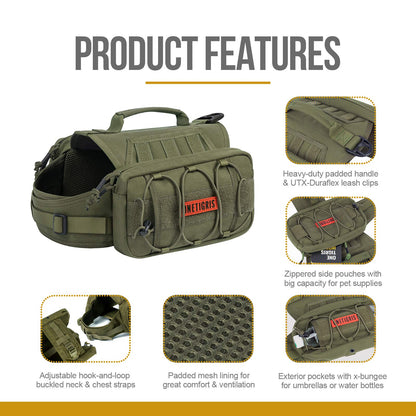 OneTigris Dog Backpack for Hiking Nylon Dog Harness Backpack with Side Pockets for Large Dog with 17"-23.5" Neck Girth and 25"-31" Chest Girth (Green, Medium)