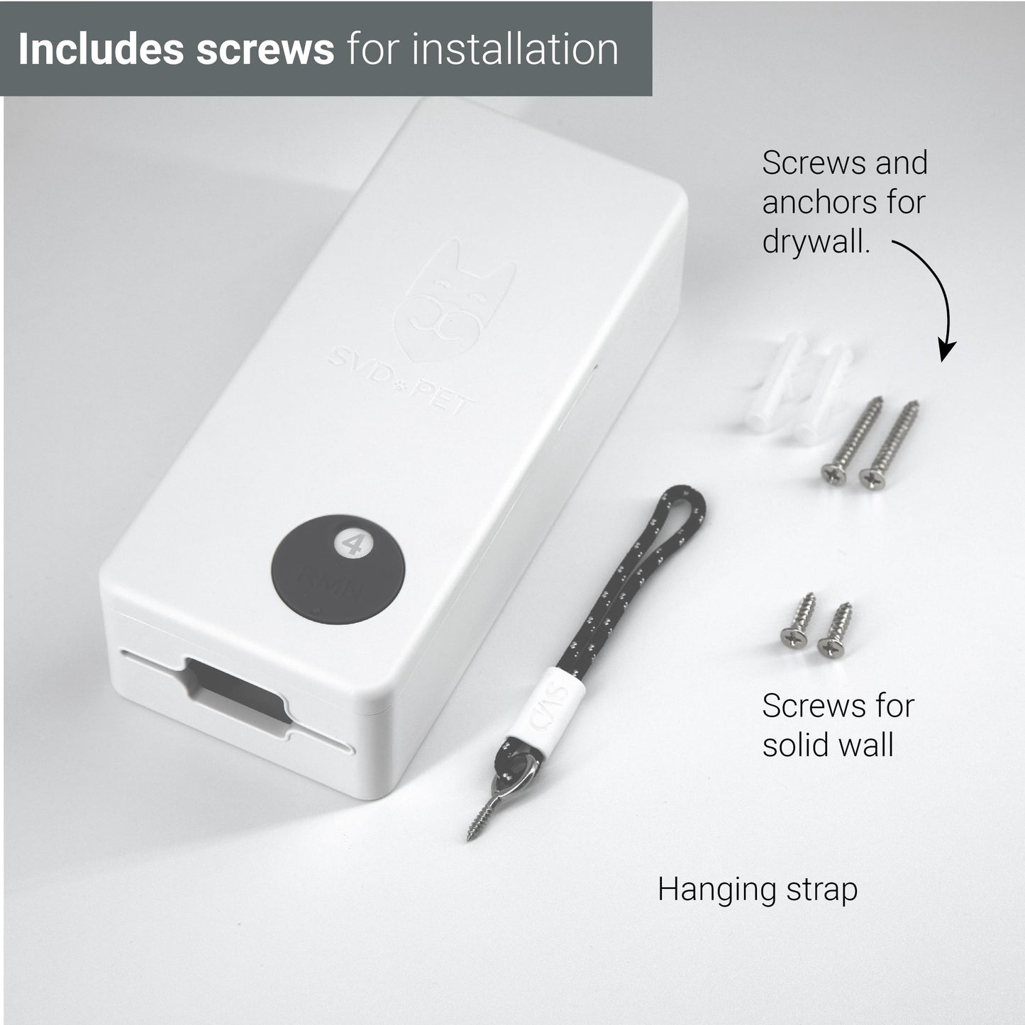 SVD.PET Dog Poop Bag Dispenser, Outdoor or Indoor Pet Waste Bag Dispenser Station, Wall Mount or Hanging with Strap. Easy to Refill Magnetic Cover (White, Dispenser only)